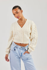 Cable Knit V Neck Cardigan - Oatmeal