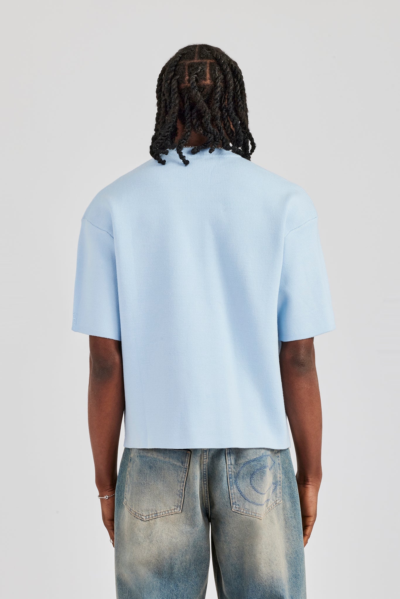 Premium Knitted Short Sleeve Boxy T-Shirt - Powder Blue