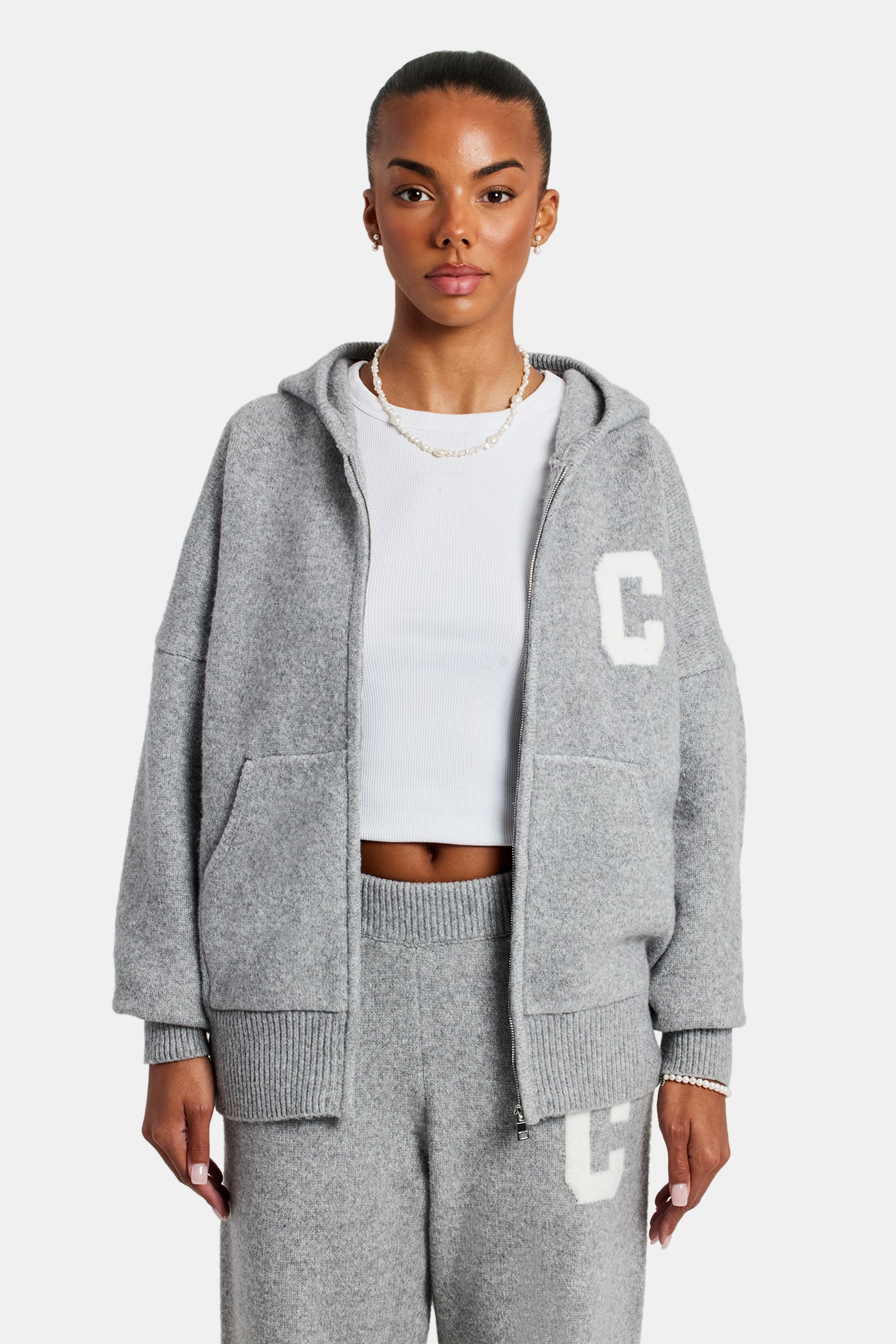 Hooded Zip Through Knitted Jumper - Grey