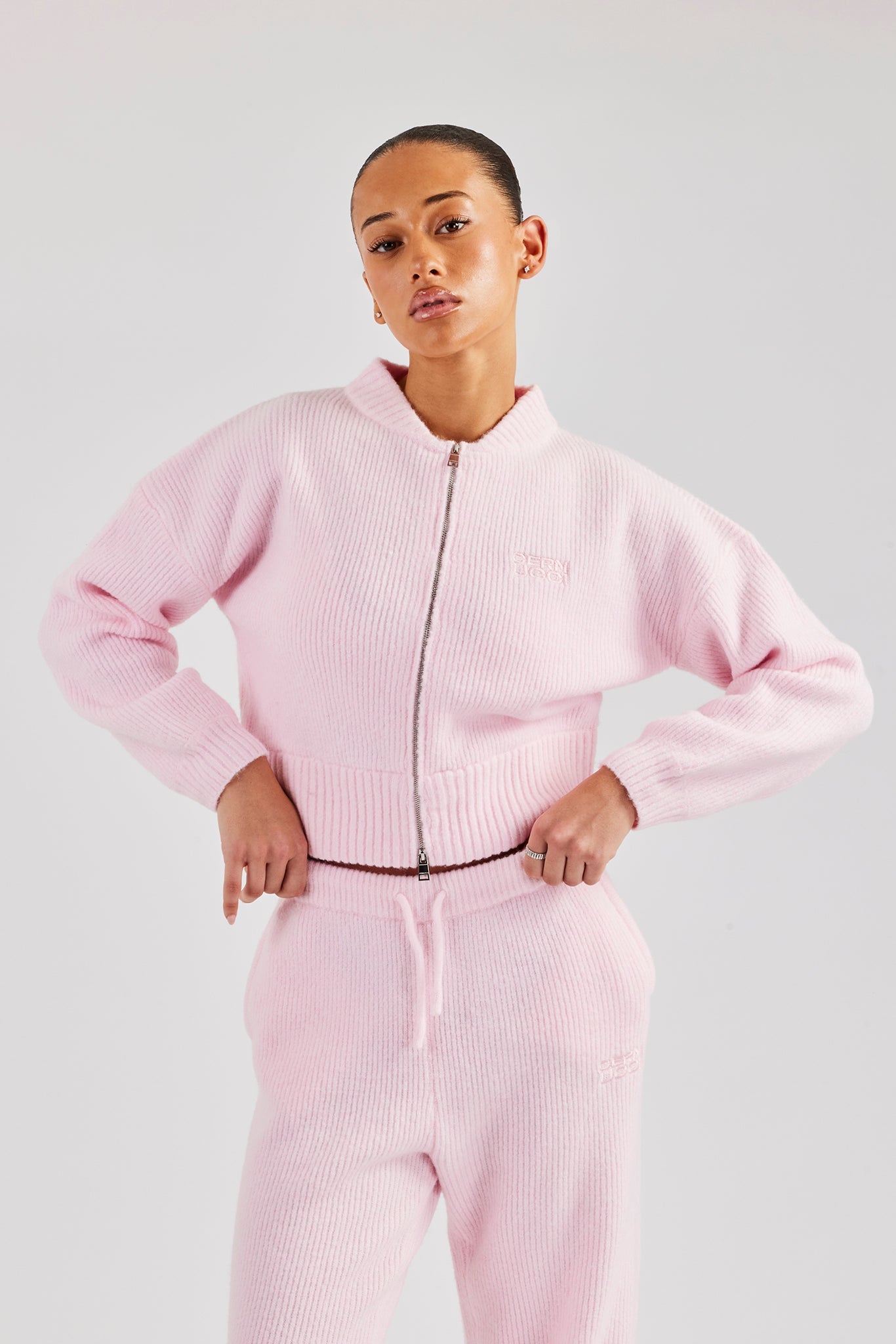 Gestrickter Bomber mit Reißverschluss vorne - Babyrosa