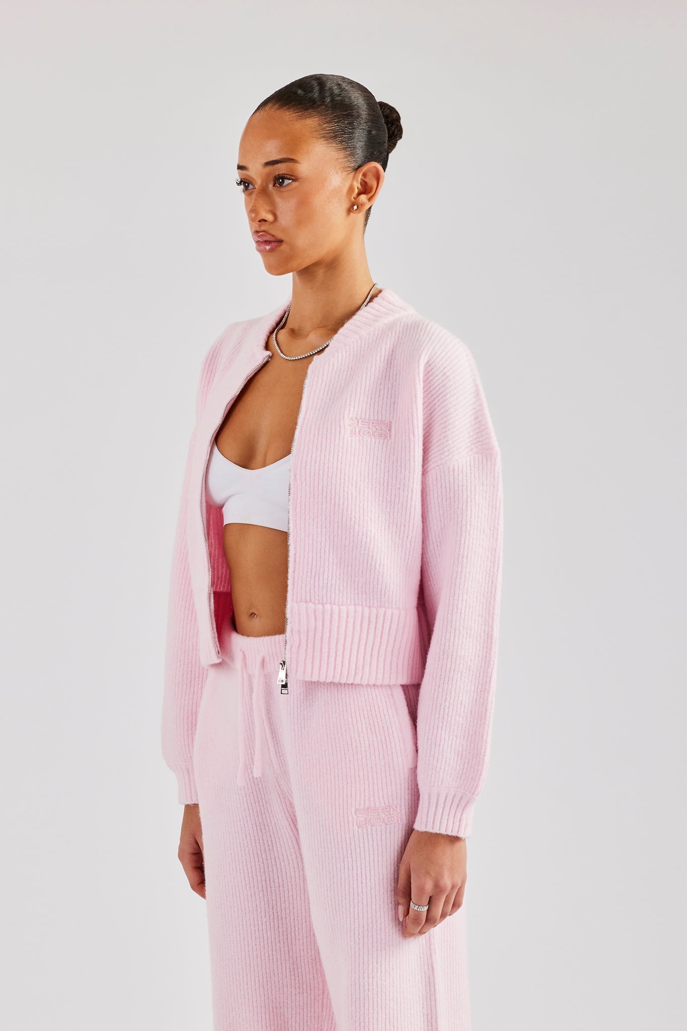 Gestrickter Bomber mit Reißverschluss vorne - Babyrosa