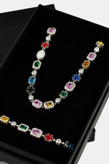 Multi Gemstone Motif Necklace & Bracelet - White - 10mm