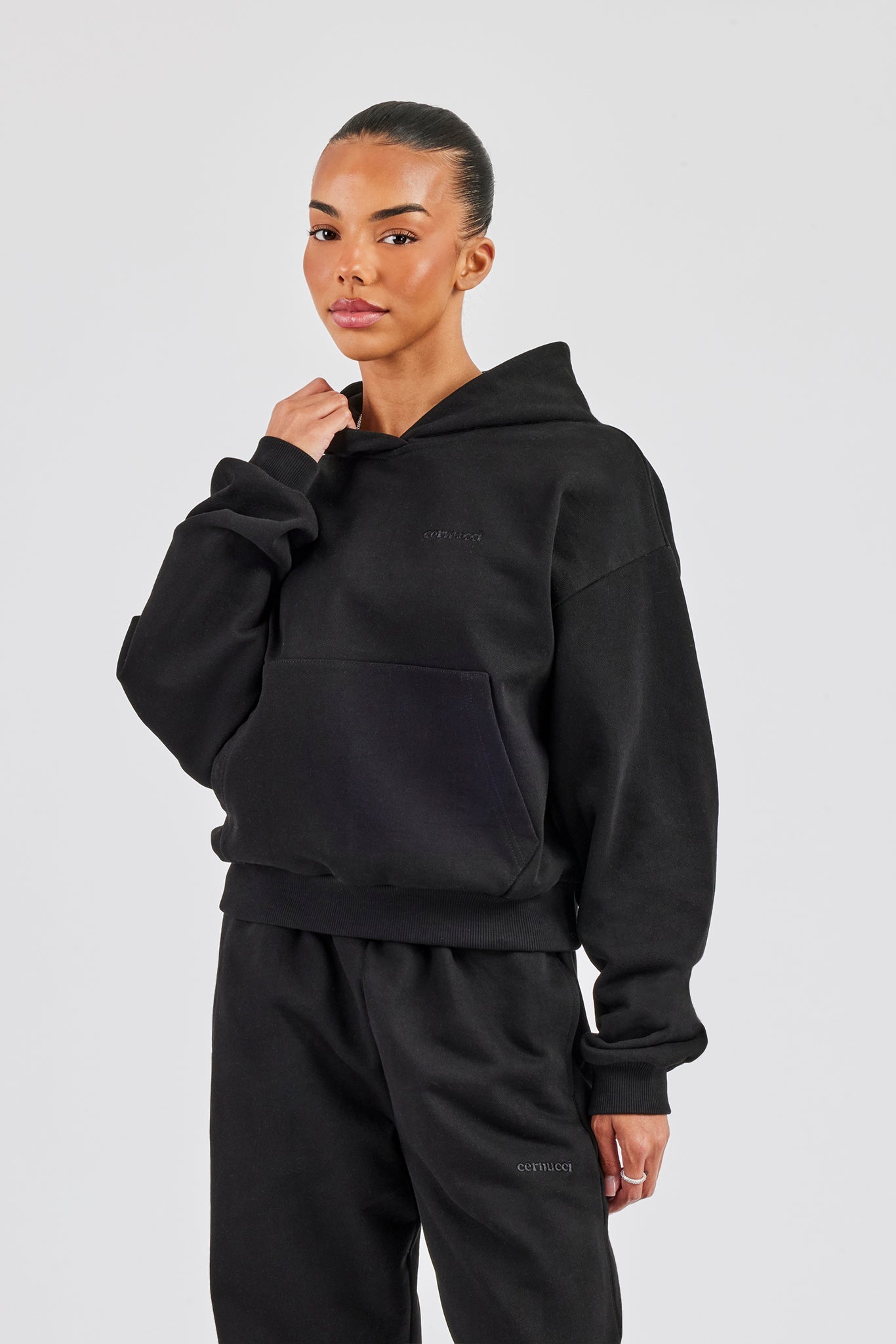 Cernucci Bubble Boxy Hoodie & Wide Leg Jogger - Black
