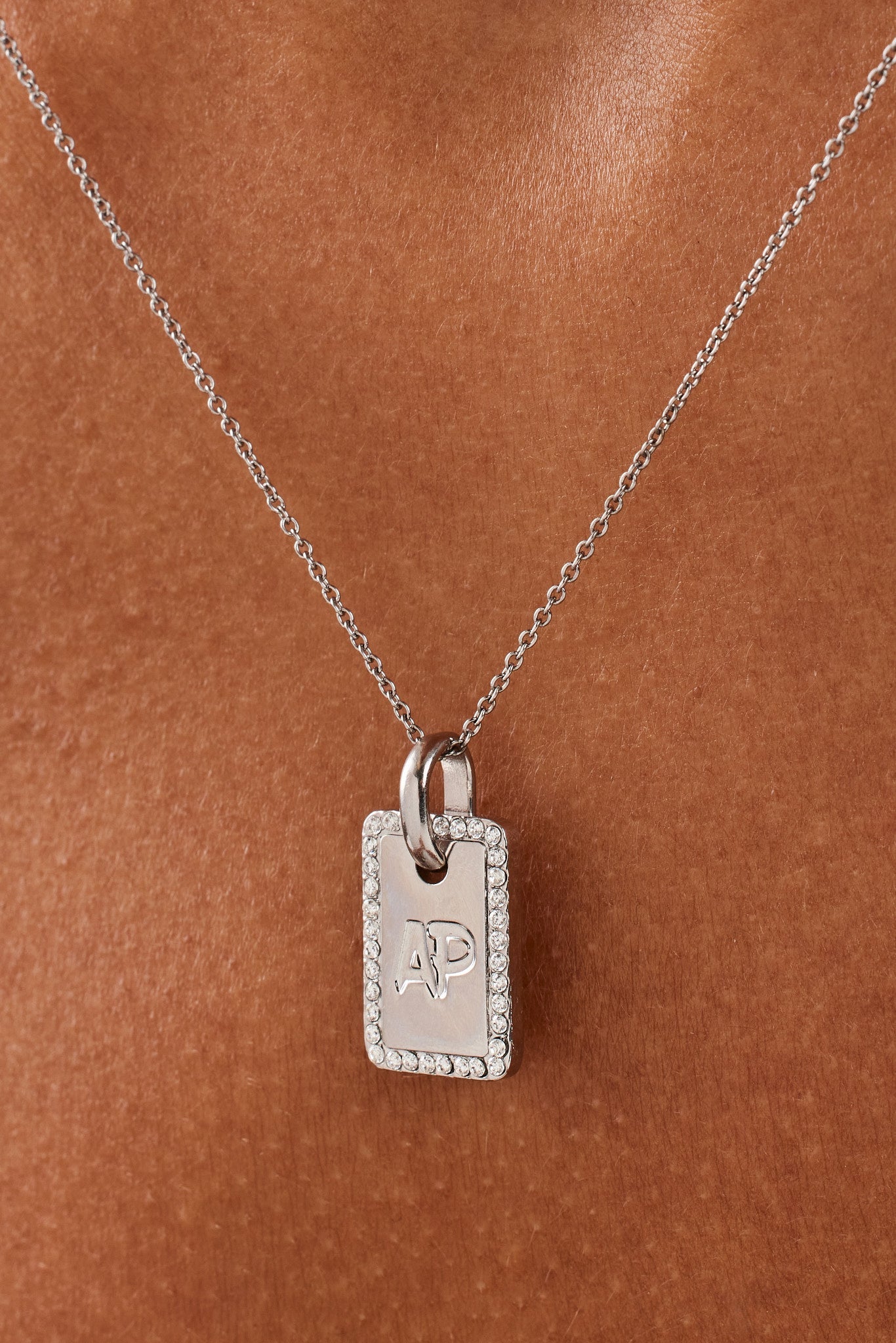Iced Edge Initial Tag Necklace - White - 15mm