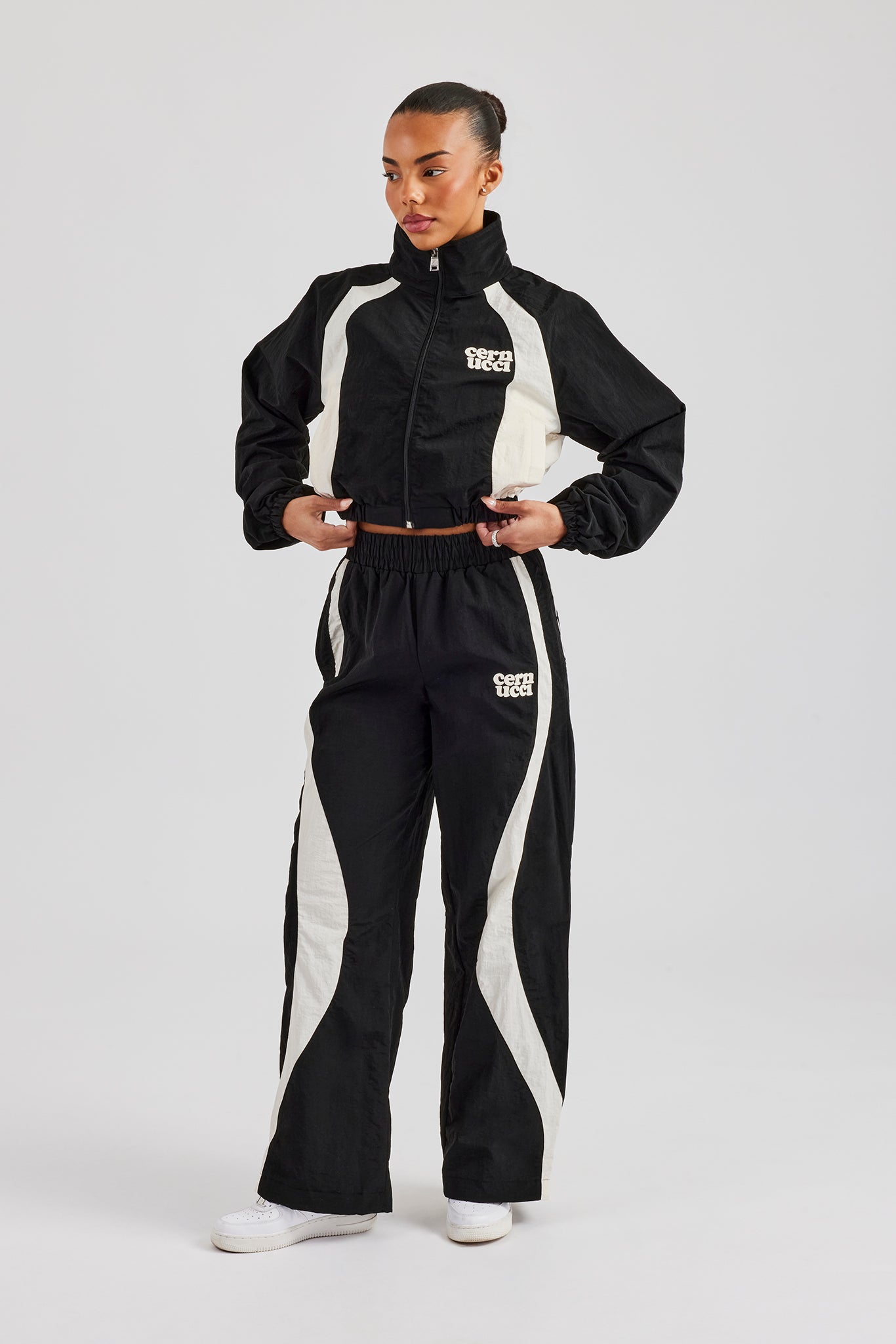 Contrast Panel Nylon Wide Leg Trouser - Black