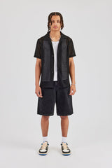 Textured Button Front Revere Shirt - Black
