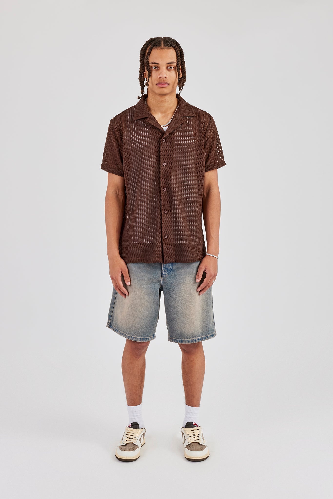 Textured Button Front Revere Shirt - Chocolate