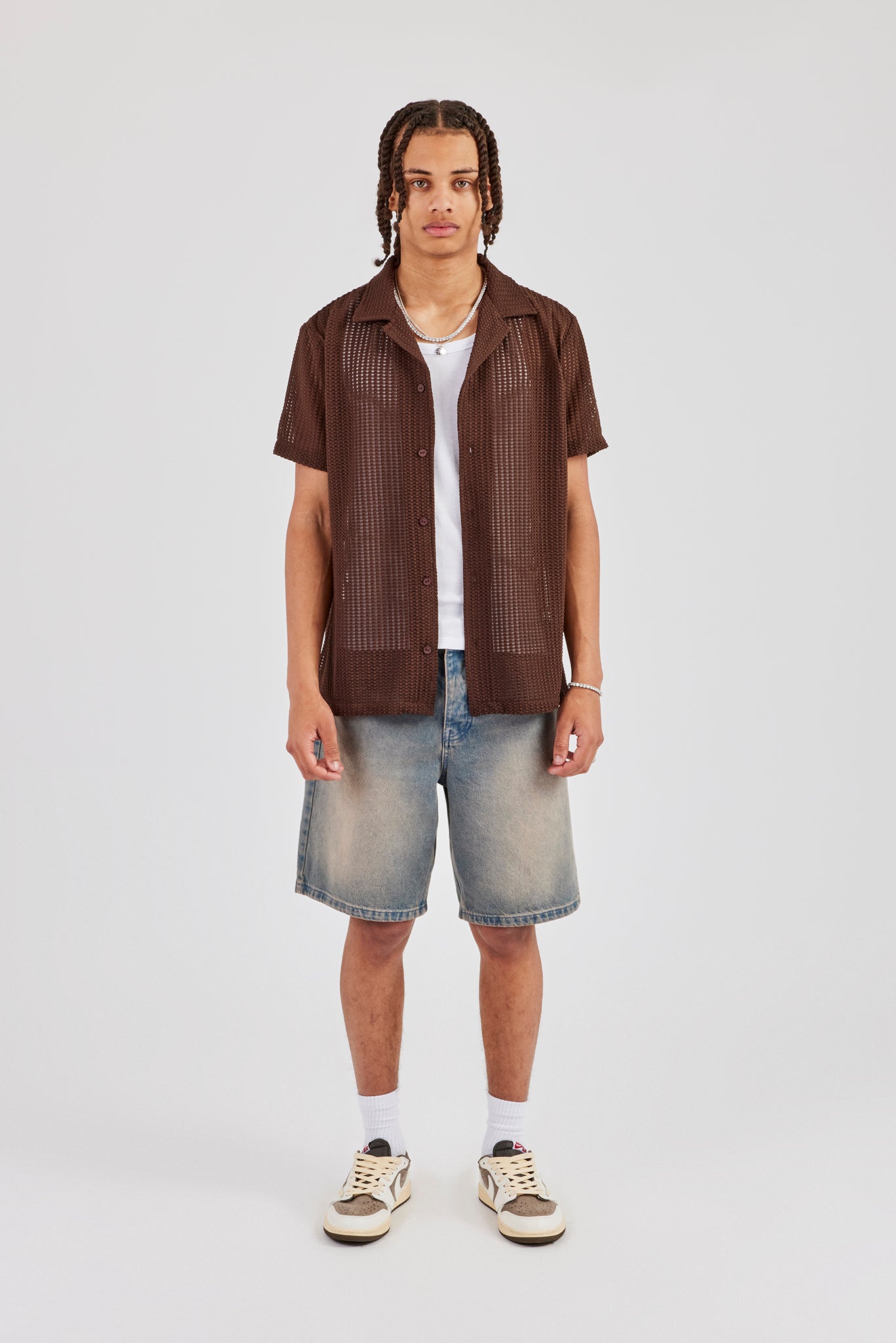 Textured Button Front Revere Shirt - Chocolate