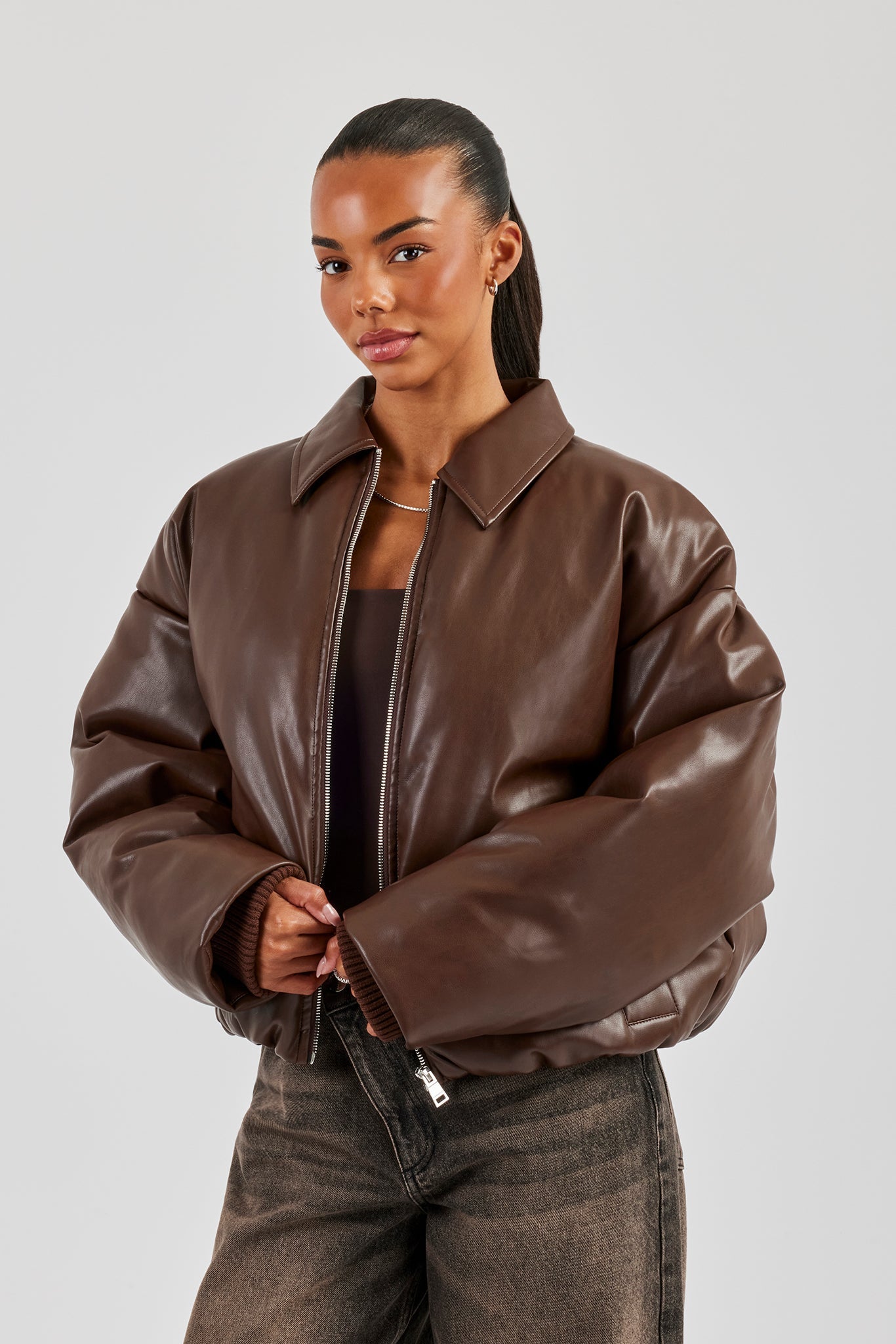 PU Padded Collared Bomber Jacket - Brown