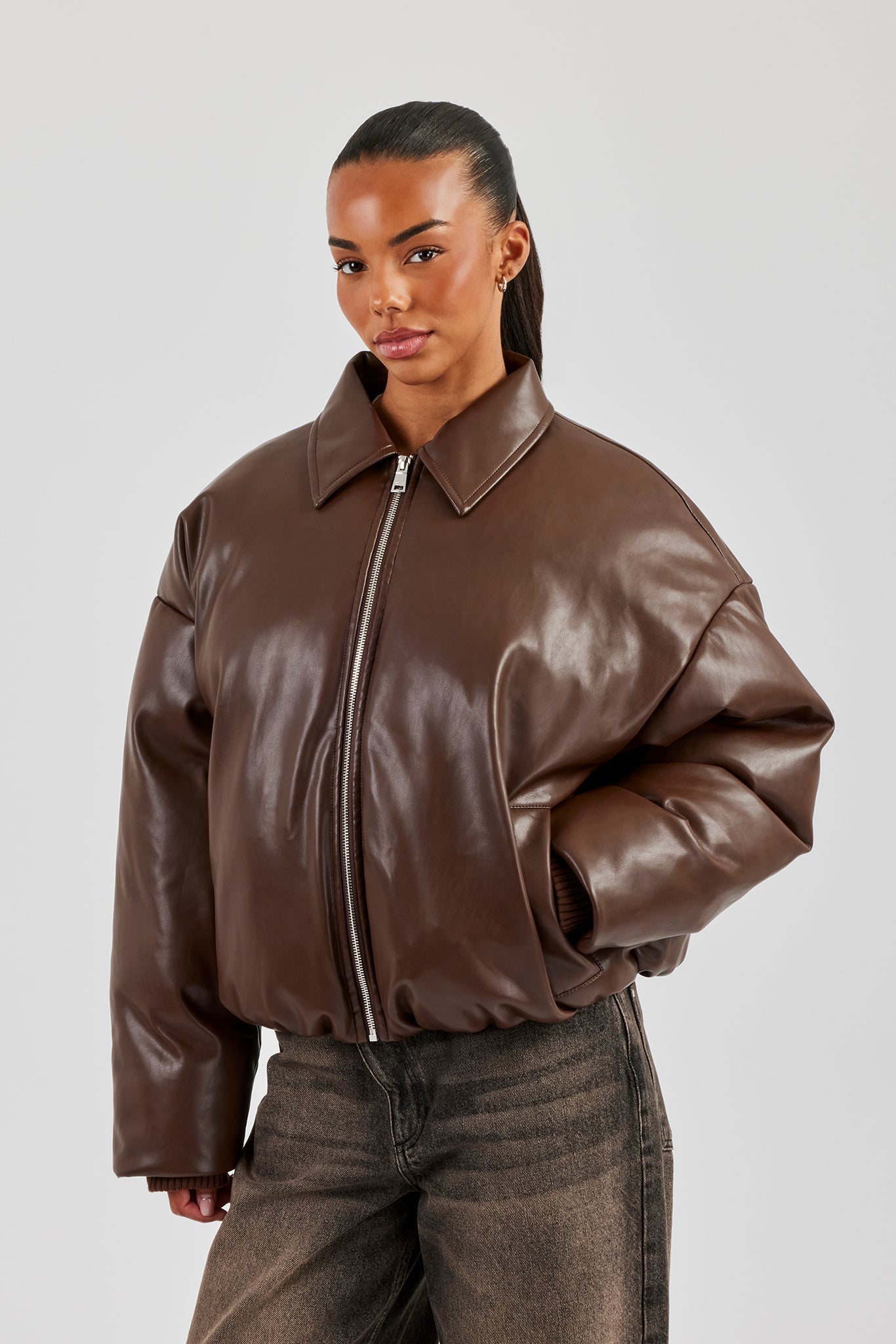 PU Padded Collared Bomber Jacket - Brown