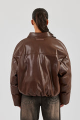 PU Padded Collared Bomber Jacket - Brown