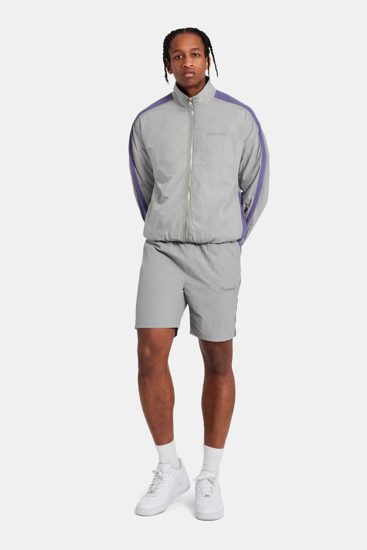 CERNUCCI PANELLED NYLON TRACK JACKET & SHORT SET - CHARCOAL