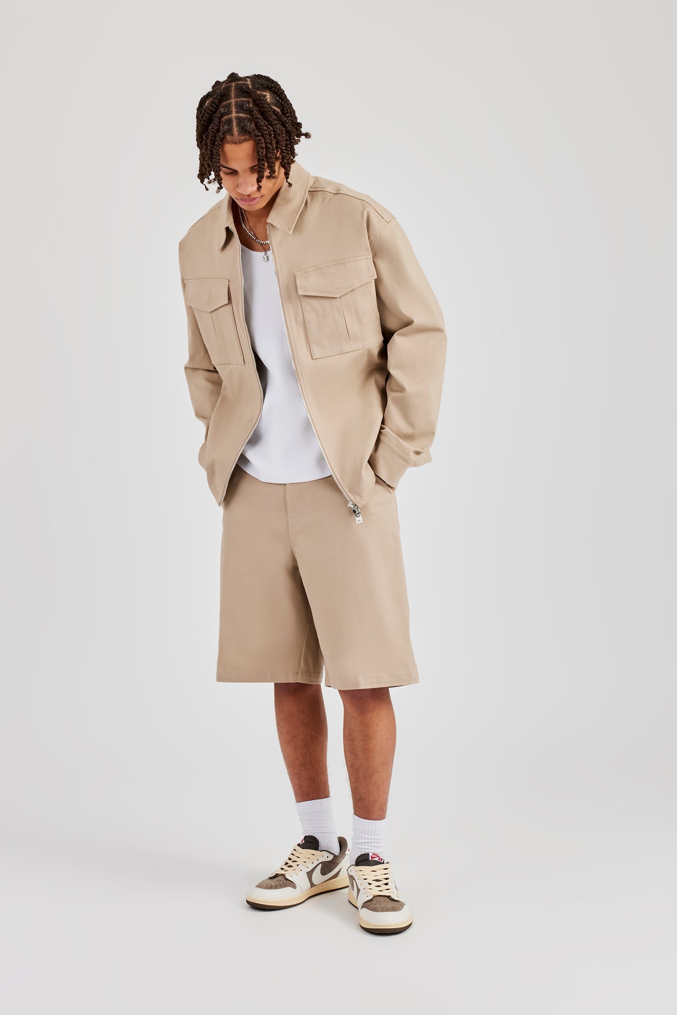 Utility Zip Through Overshirt & Tailored Jort - Beige