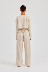 Cropped Satin Button Up Top & Wide Leg Trouser - Beige