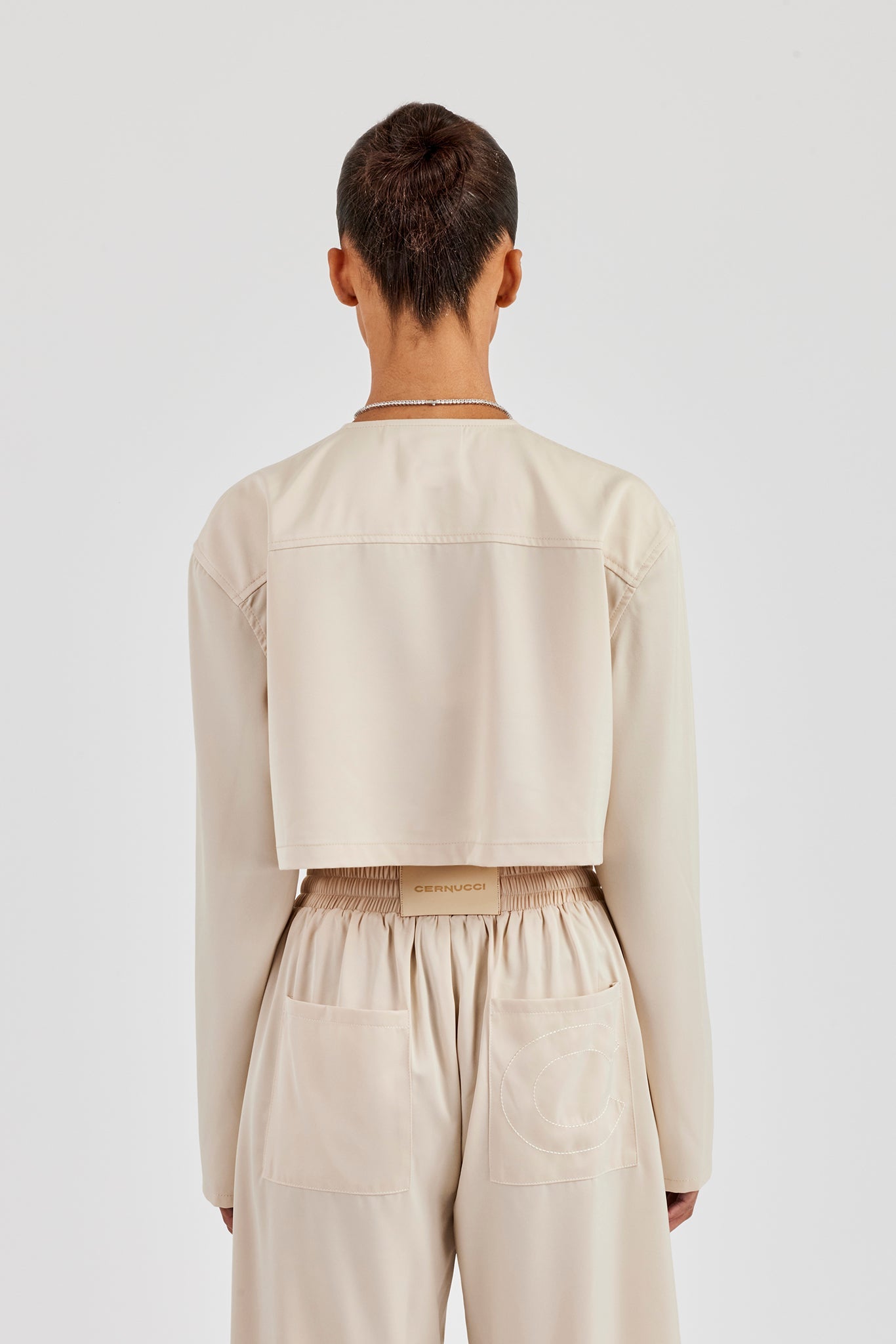 Cropped Satin Button Up Top - Beige