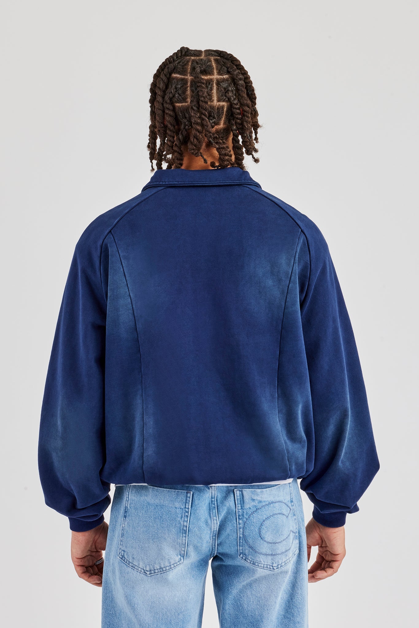 Washed Raglan Seam Detail Zip Through Hoodie - Navy Blue