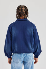 Washed Raglan Seam Detail Zip Through Hoodie - Navy Blue