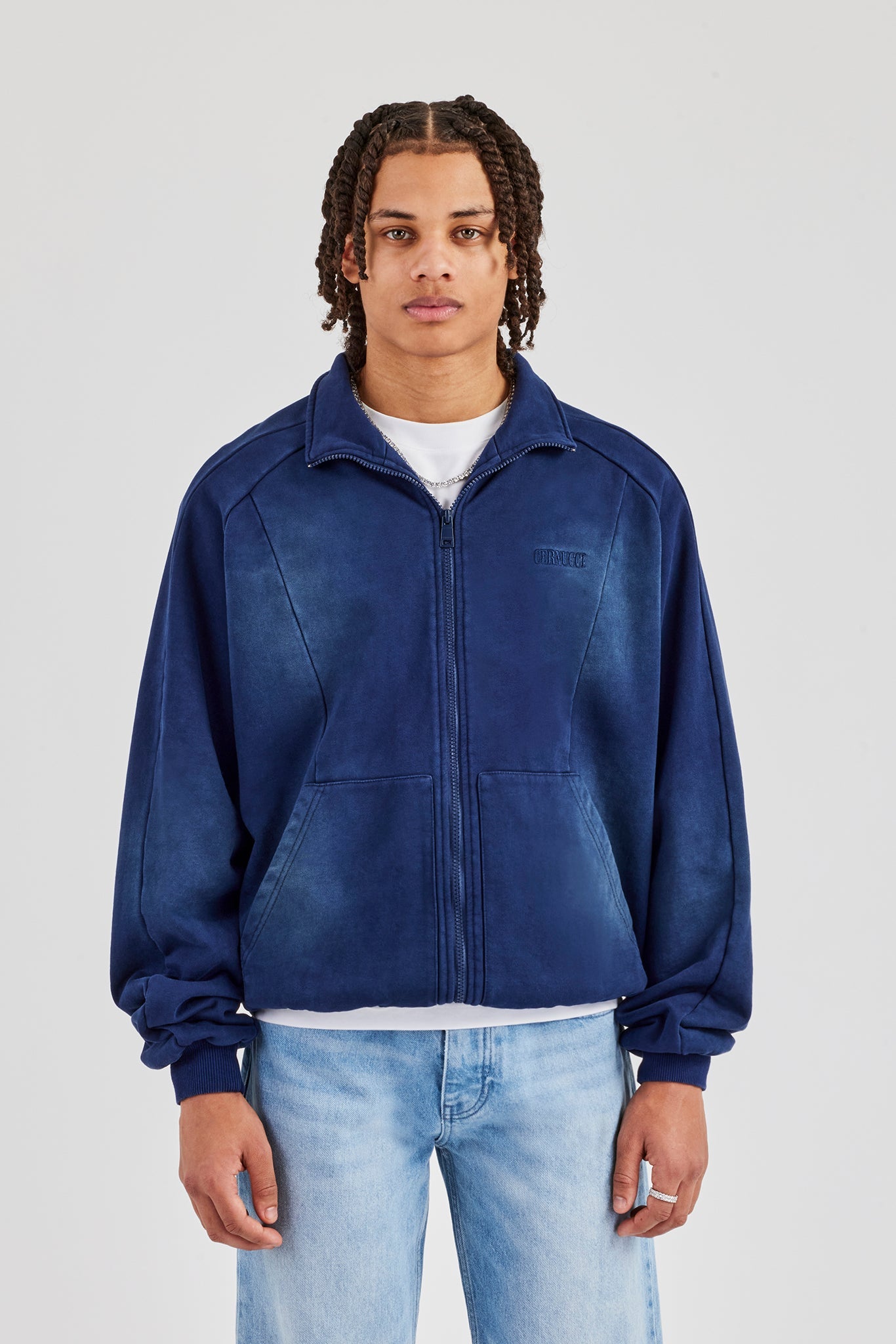 Washed Raglan Seam Detail Zip Through Hoodie - Navy Blue