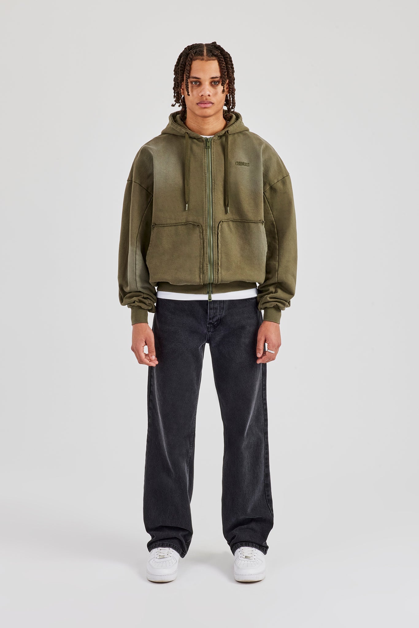 Distressed Zip Through Hoodie - Washed Green