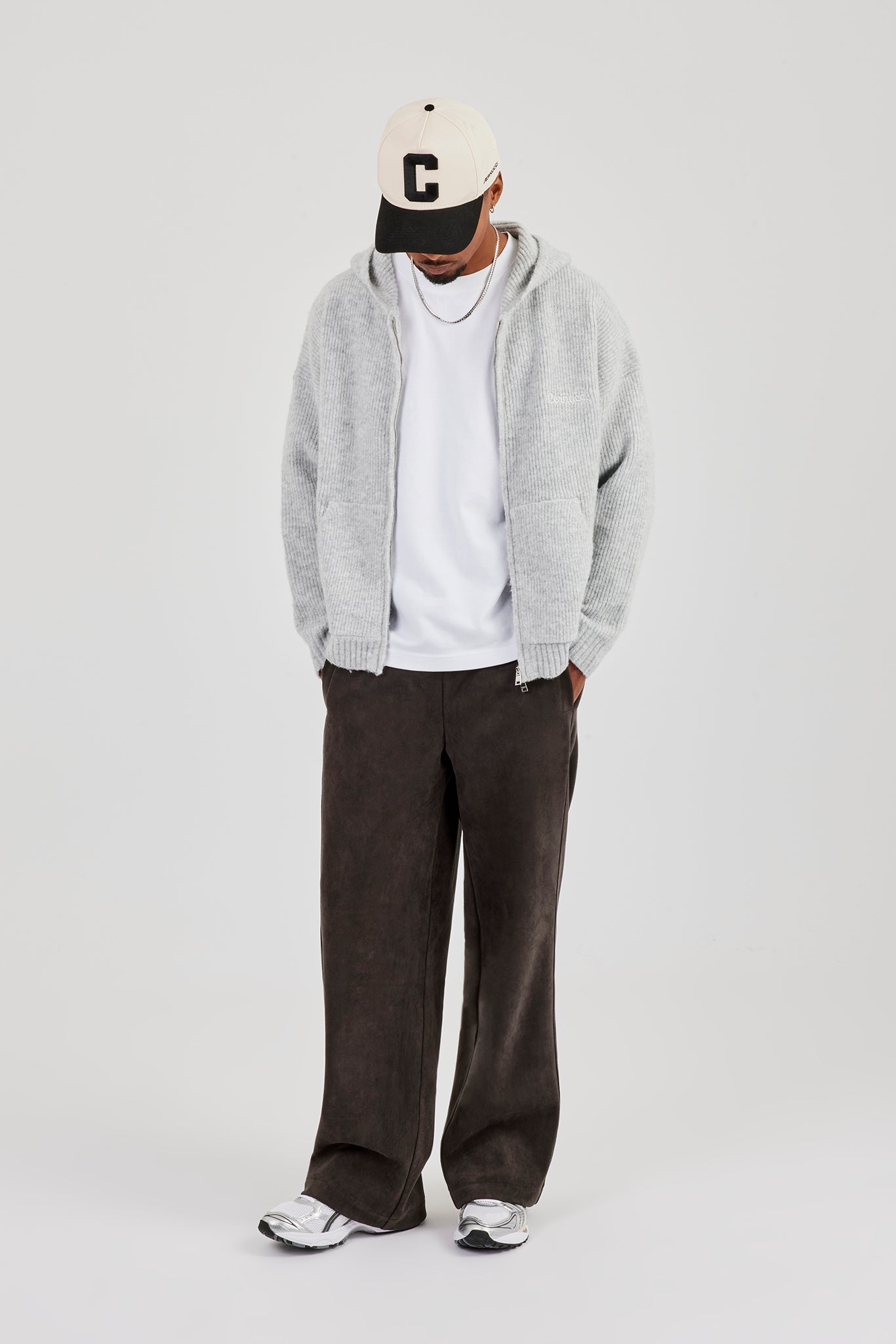 Embroidered Knitted Zip Hoodie - Light Grey
