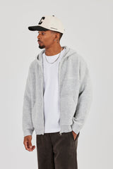Embroidered Knitted Zip Hoodie - Light Grey