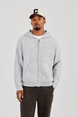 Embroidered Knitted Zip Hoodie - Light Grey