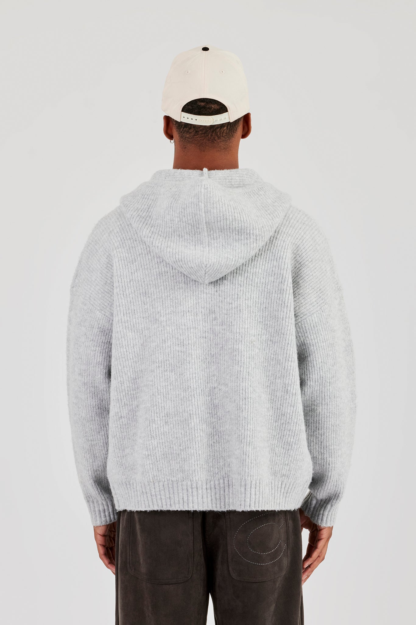 Embroidered Knitted Zip Hoodie - Light Grey