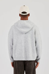 Embroidered Knitted Zip Hoodie - Light Grey