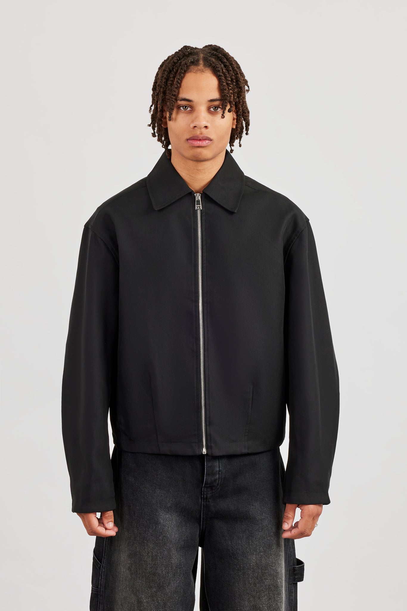 Boxy Twill Harrington Jacket - Black