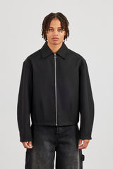 Boxy Twill Harrington Jacket - Black