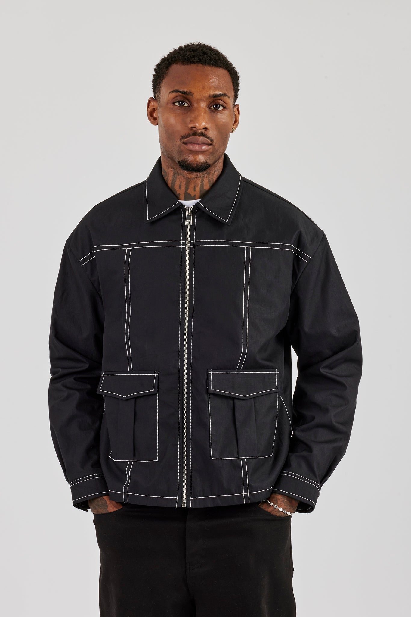 Contrast Stitch Utility Jacket - Black