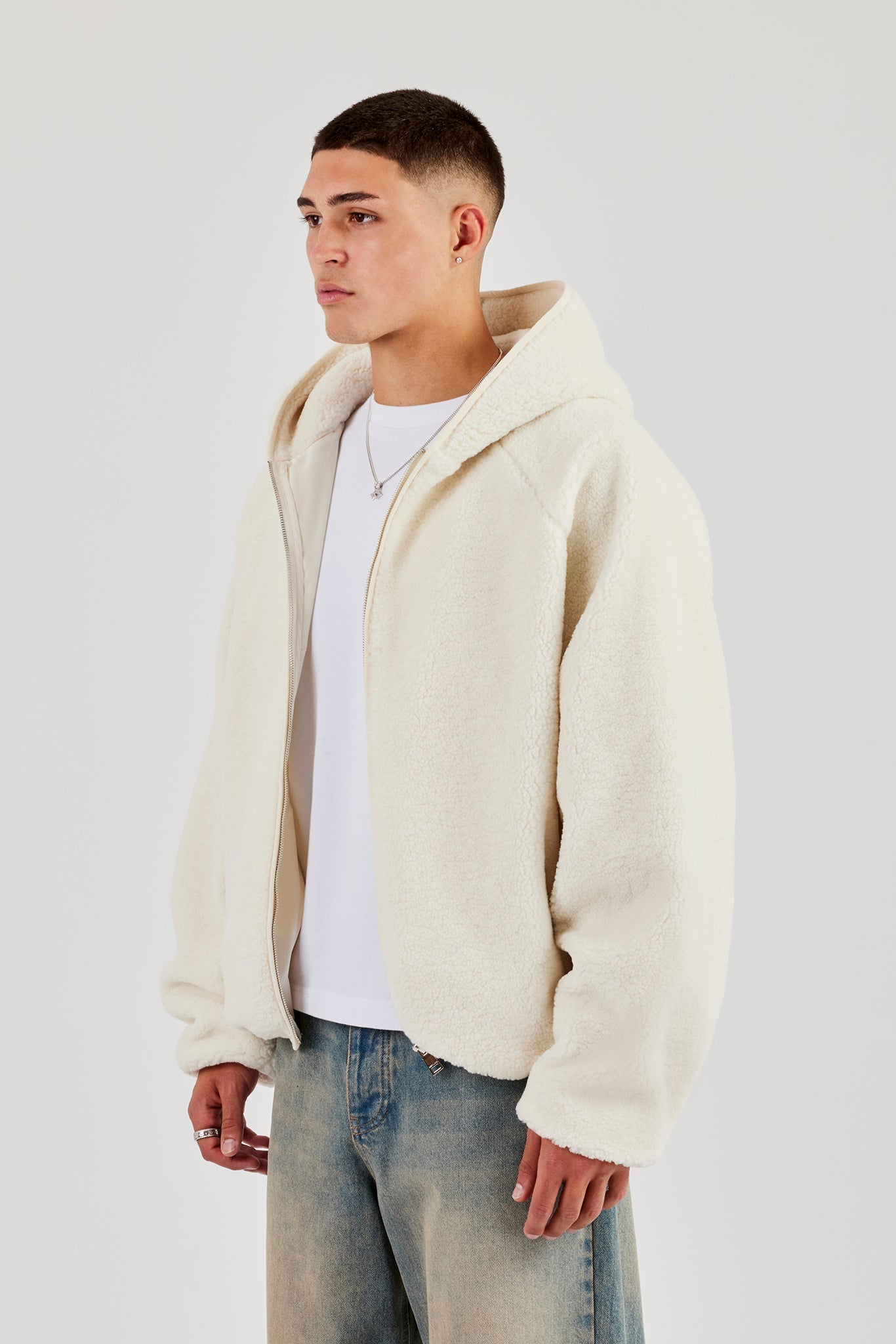 Oversized Borg Zip Hoodie - Off White