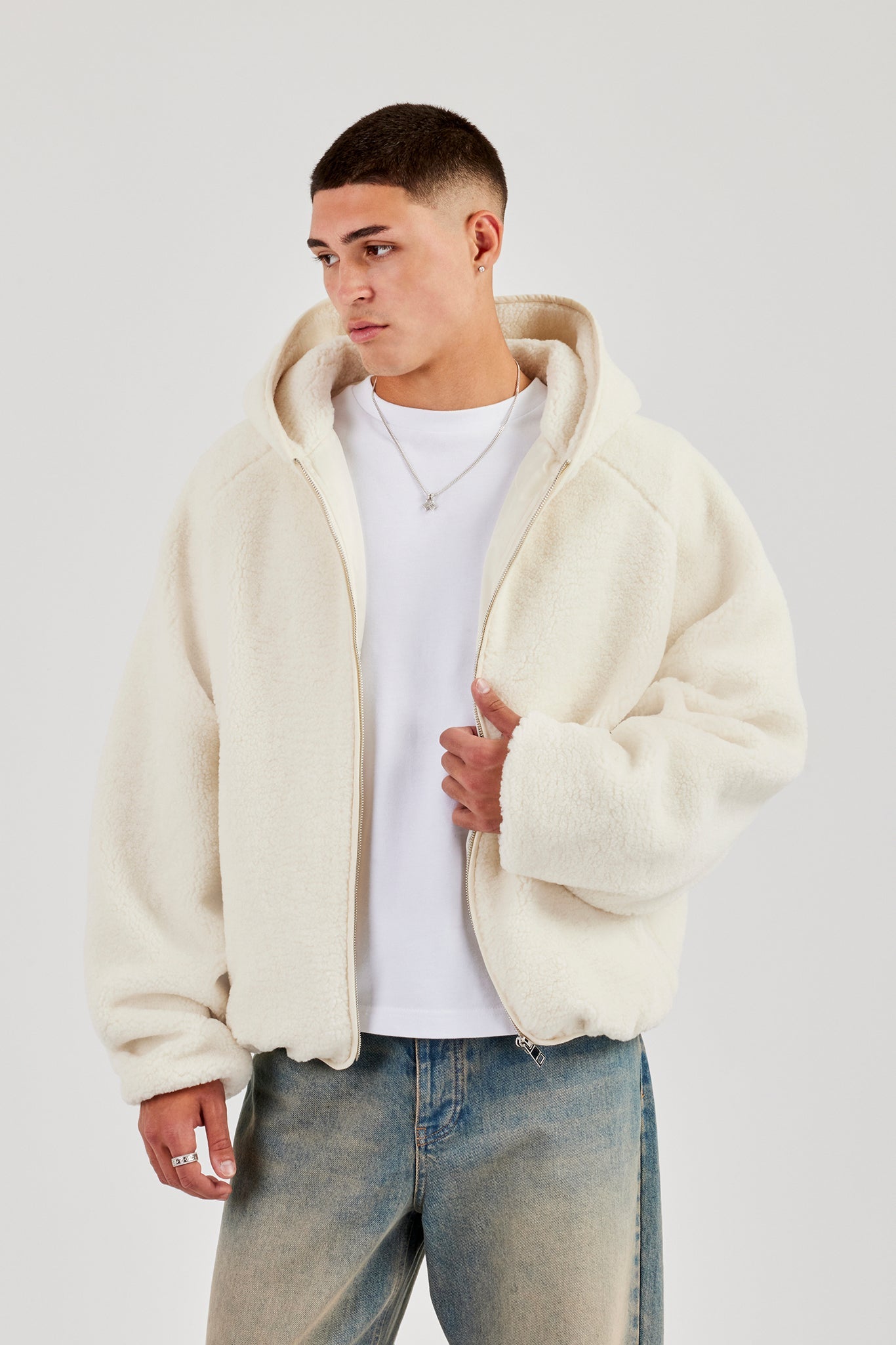 Oversized Borg Zip Hoodie - Off White