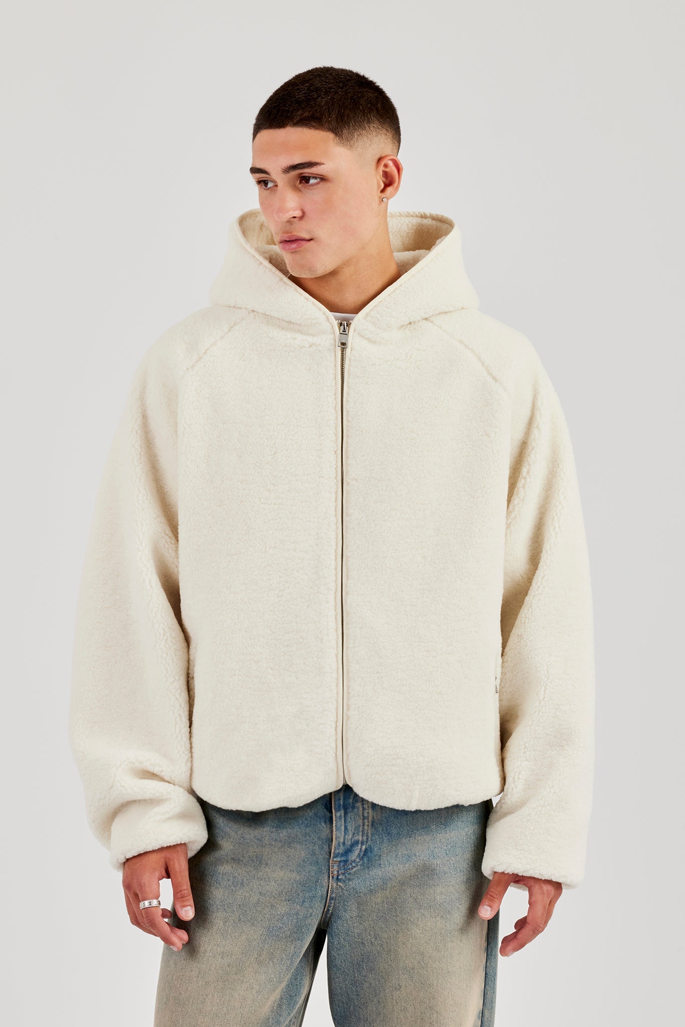 Oversized Borg Zip Hoodie - Off White
