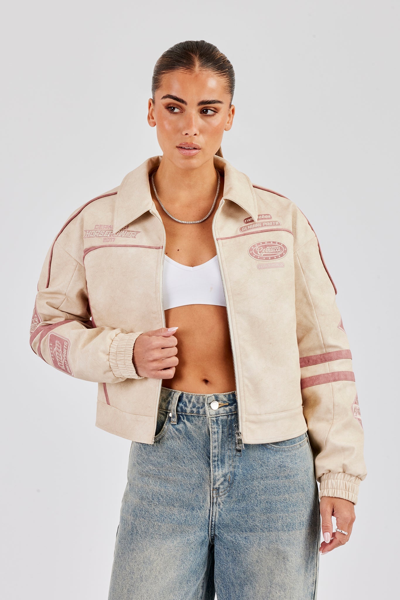 PU Moto Badge Harrington Jacket - Off White