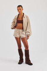Suede Collared Bomber Jacket & Micro Short - Beige