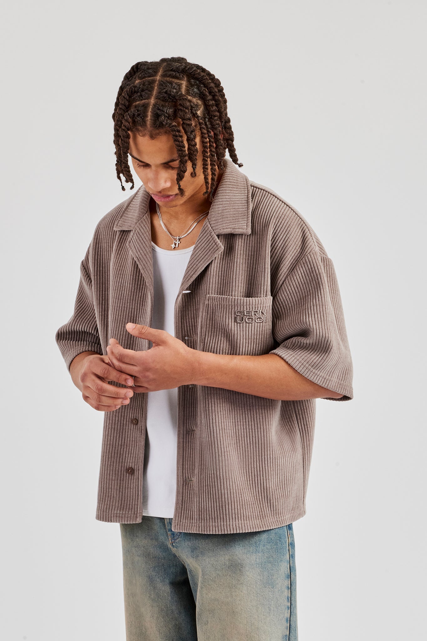 Cord Button Front Revere Shirt - Taupe