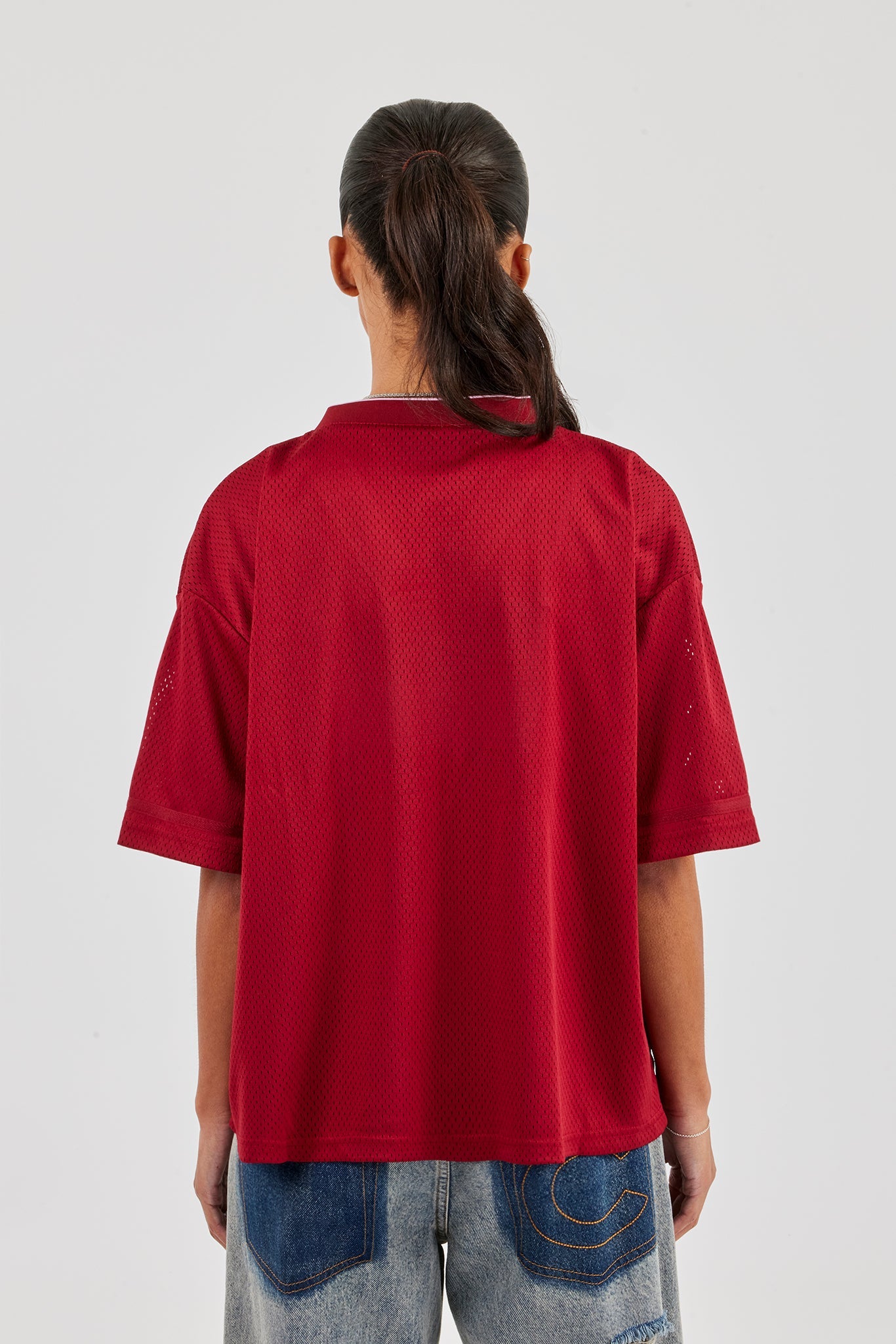 Mesh Woven Tab Football Top - Berry