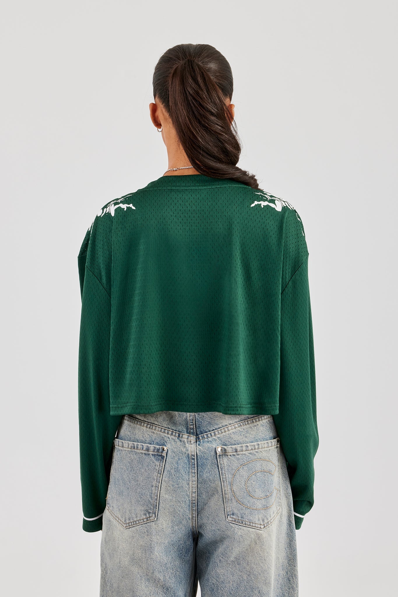 Mesh Cropped 86 Long Sleeve Top - Forest Green