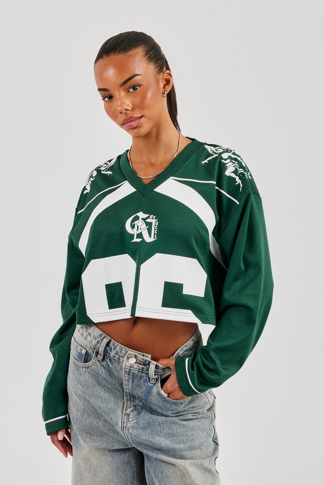 Mesh Cropped 86 Long Sleeve Top - Forest Green