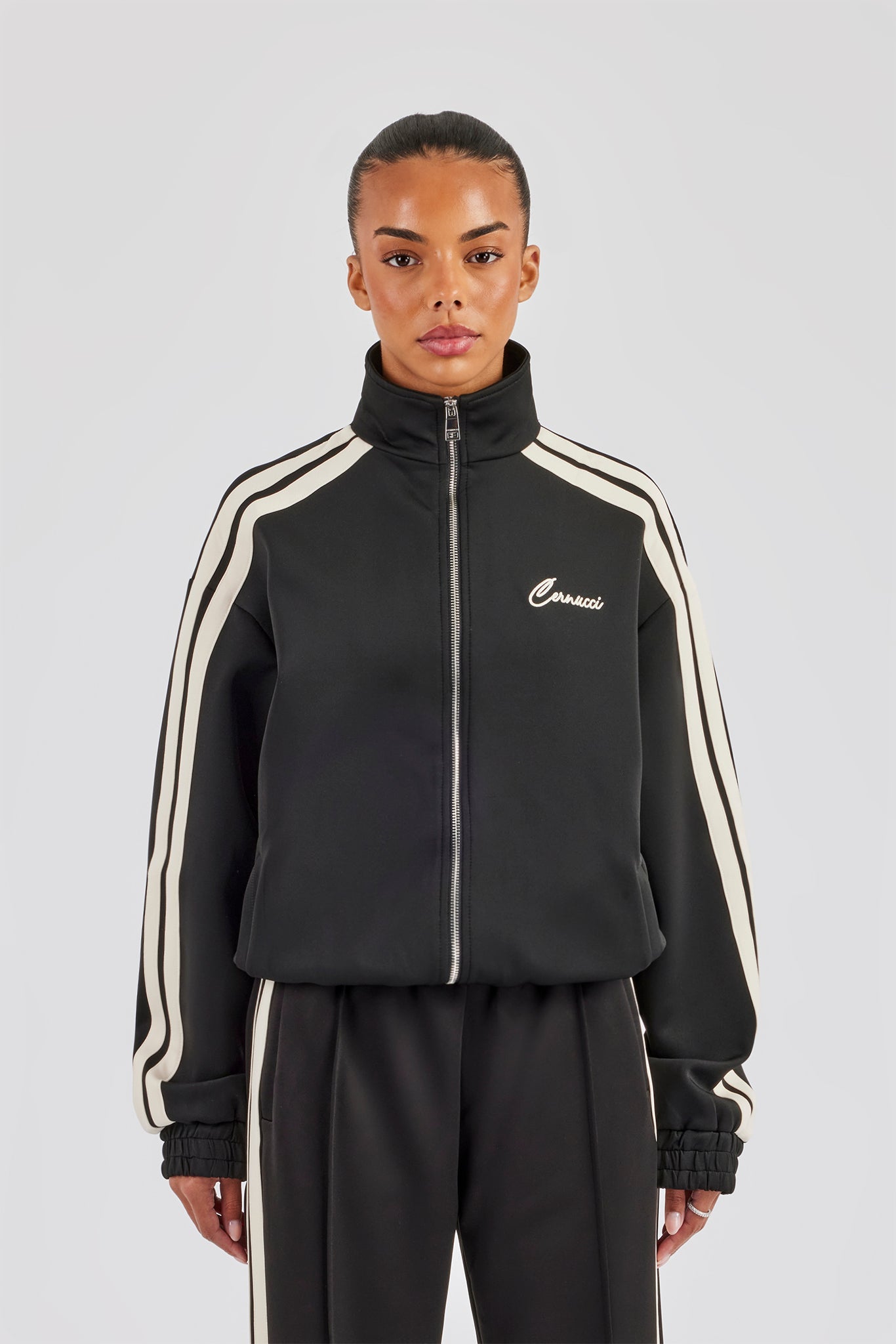 Funnel Neck Taping Zip Through Track Jacket - Black