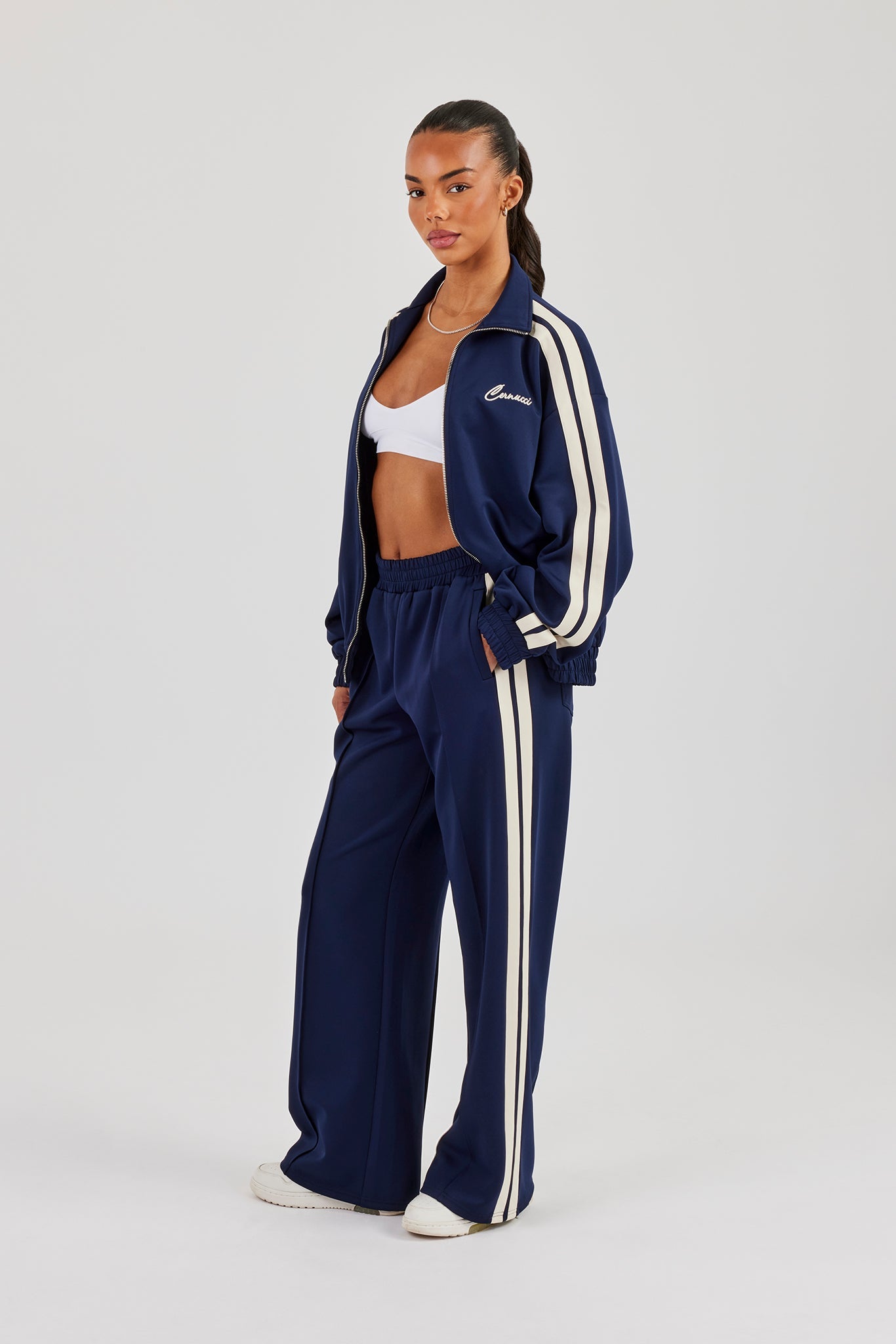 Funnel Neck Taping Zip Through Track Jacket - Navy Blue