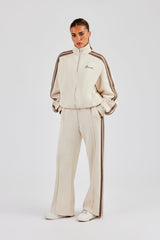 Funnel Neck Taupe Taping Zip Through Track Jacket & Wide Leg Pant - Off White