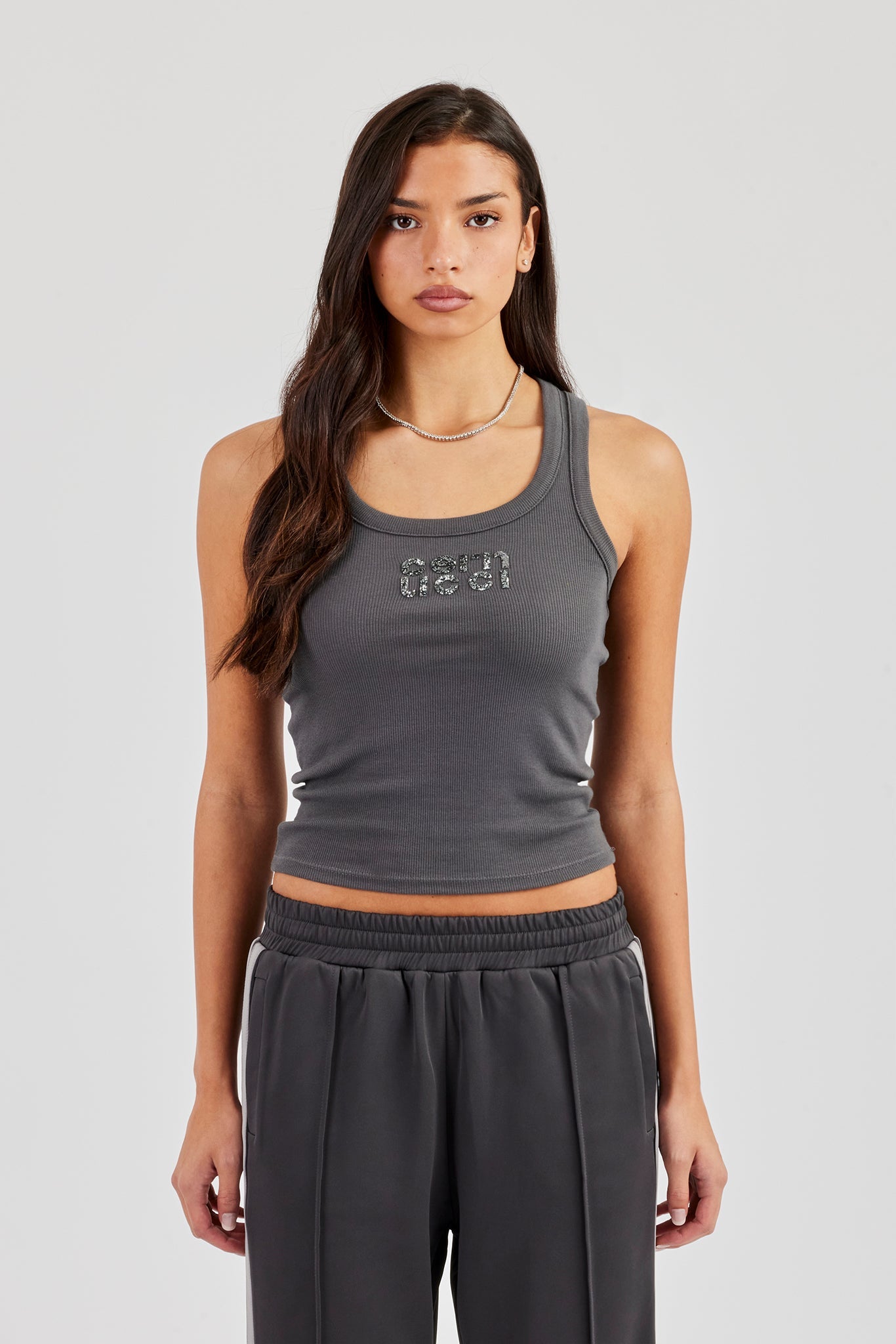 Glitter Applique Rib Scoop Neck Vest - Charcoal