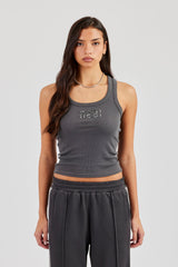 Glitter Applique Rib Scoop Neck Vest - Charcoal