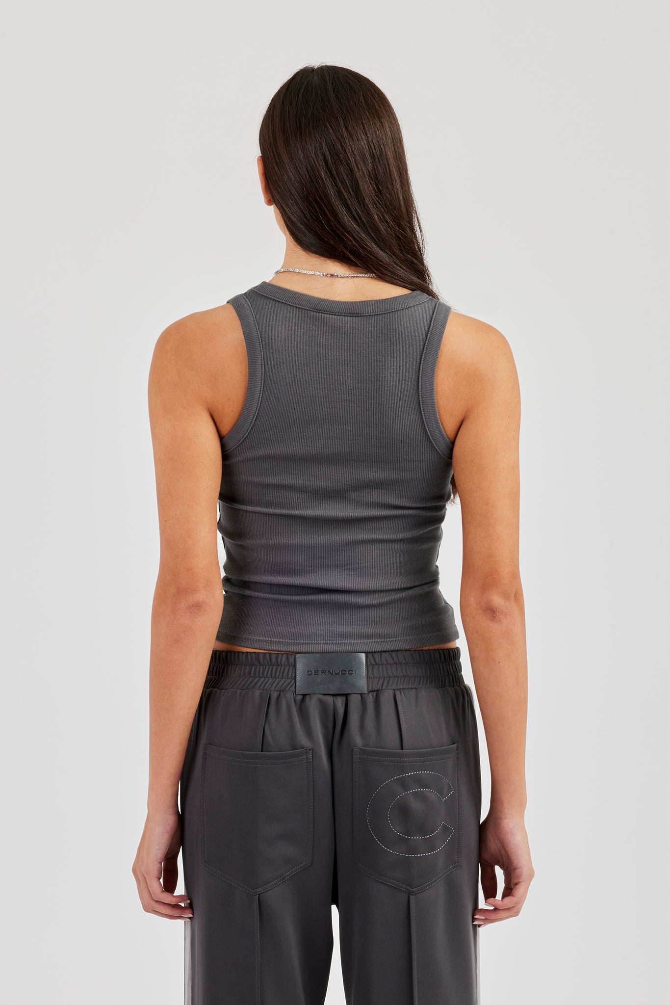 Glitter Applique Rib Scoop Neck Vest - Charcoal