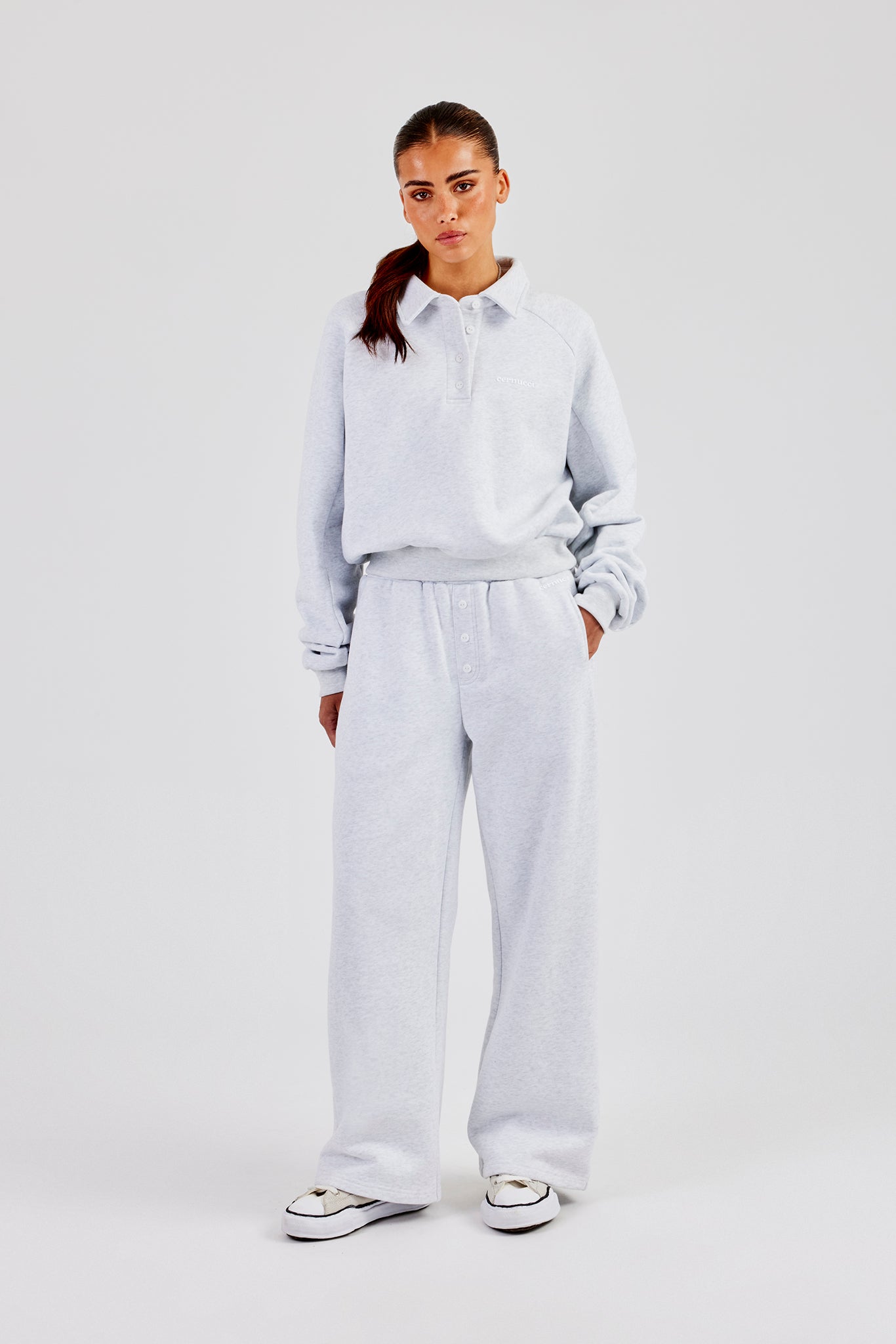 Polo Sweatshirt & Wide Leg Jogger - Heather Grey