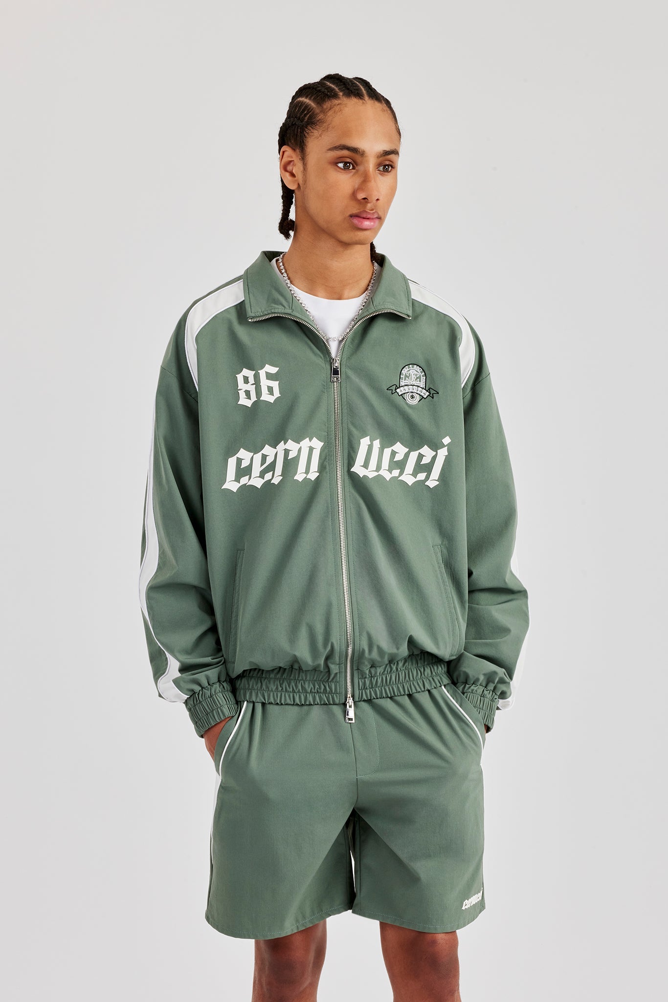 Nylon Panelled Logo Track Jacket & Short - Green