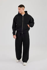 Scuba Zip Through Boxy Hoodie & Baggy Fit Trouser - Black