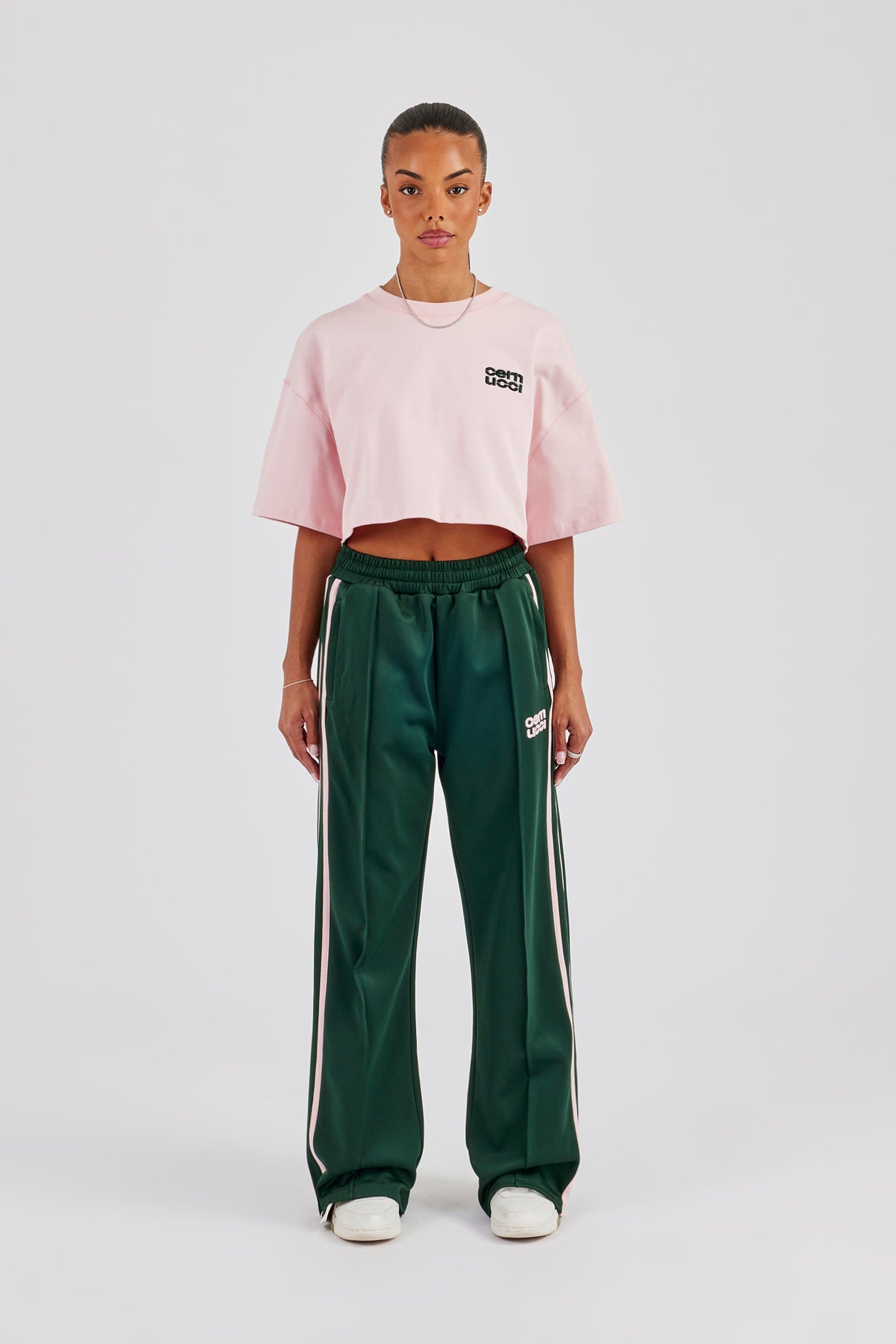 Cropped Embroidered T-Shirt & Taping Wide Leg Track Pant - Pink & Green